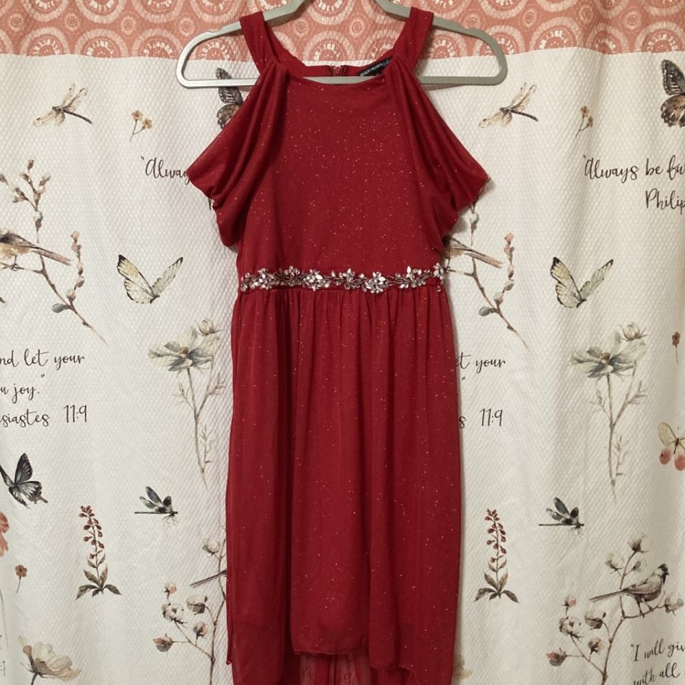 Big Girls Sequin Hearts Red Halter Dress with Off Shoulder Dress